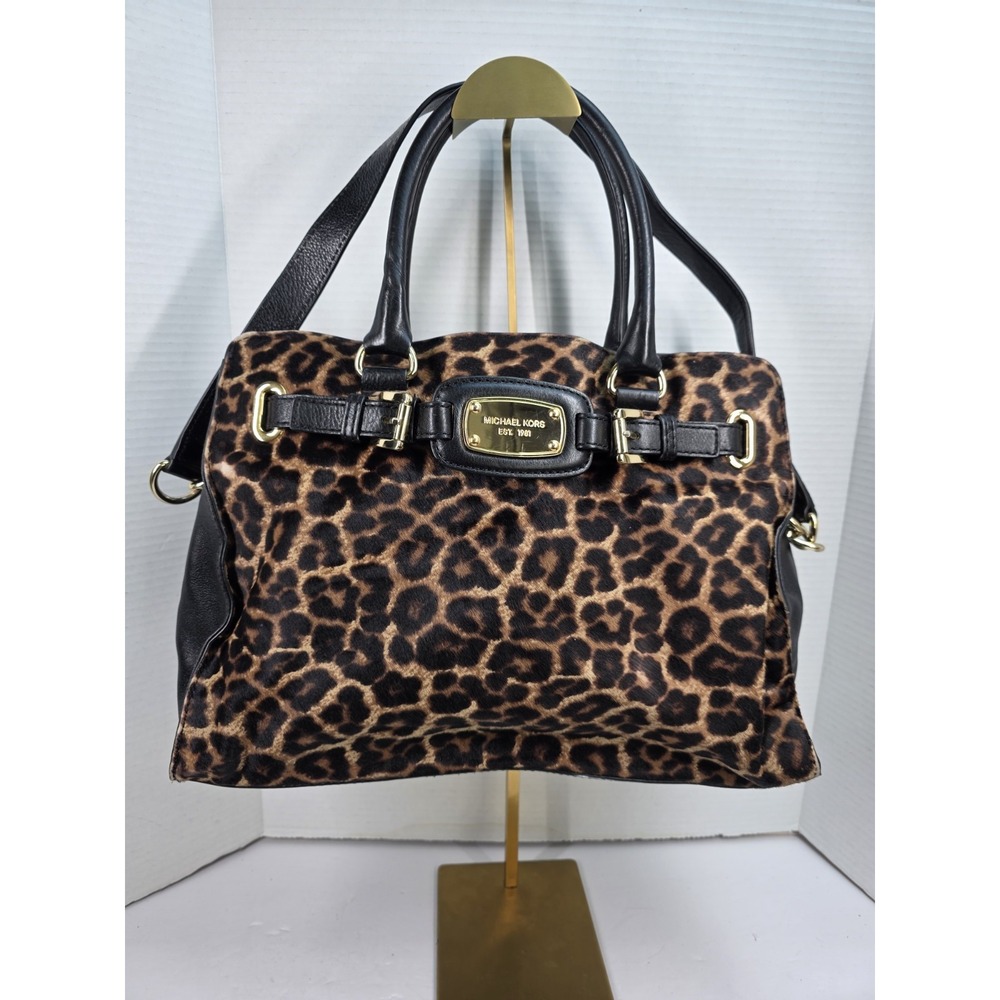 Michael Kors Hamilton Large Shoulder‎ Bag Calf Hair And Leather Leopard Print